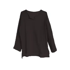 Men's loose fit cotton linen long sleeve shirt with V-neck in solid charcoal brown