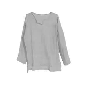 Solid color cotton linen men's Chinese style V-neck long sleeve shirt in light gray