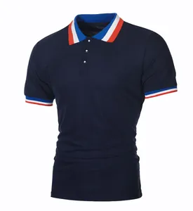 Polo classique bleu marine à manches courtes pour hommes avec col rayé rouge et blanc et manches