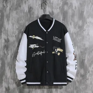 Herren Streetwear Baseballjacke mit schwarz-weißem Colorblock und Grafikdrucken