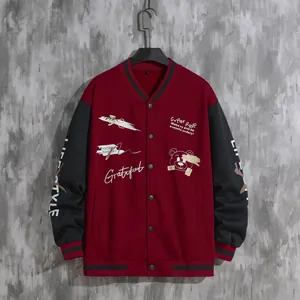 Rote und schwarze High-Street-Baseballjacke für Herren mit Stickerei und Bärenmotiv