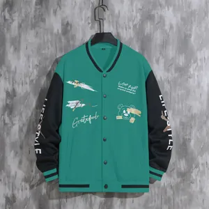 Grüne und schwarze Herren-Varsity-Jacke mit Streetwear-Grafiken und lockerem Design