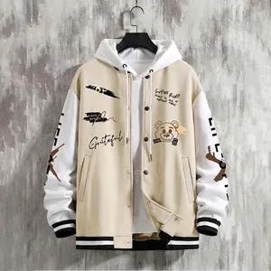 Modische Herren Varsity-Jacke in Beige mit Bären-Grafik und weißer Kapuze im Oversize-Look