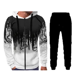 Men's stylish two-piece tracksuit with black and white splash print zip hoodie