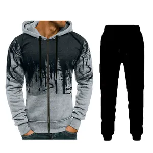 Men's two-piece tracksuit with splash-ink print zip-up hoodie and black joggers set