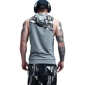 Men's sleeveless camouflage patchwork hoodie vest shown from the back in a casual style.