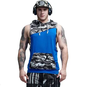 Men's slim-fit hooded sleeveless vest with blue and camouflage color-block design