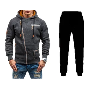 Survêtement Décontracté pour Hommes Sweat à Capuche avec Fermeture Éclair Diagonale Asymétrique et Pantalon Streetwear Coton