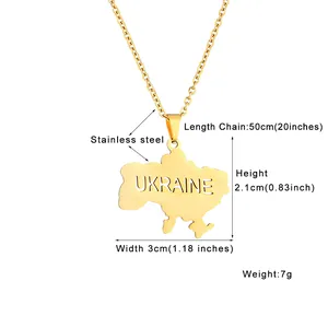 Close-up of golden Ukraine map pendant on stainless steel necklace with size details
