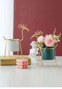 Nordic minimalist iron deer flower pot with elegant gold-plated frame and ceramic pot