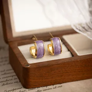 French Vintage Enamel C-Shaped Stud Earrings With 925 Sterling Silver Earring Post Purple Gold Plated Jewelry For Women