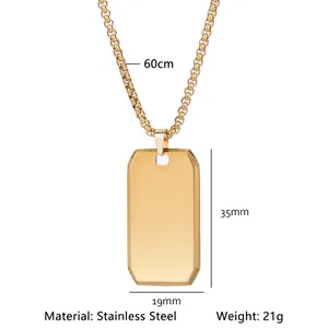 Detail view of a gold-plated stainless steel dog tag necklace with dimensions 35mm by 19mm.
