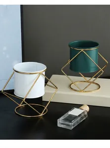 Close-up of Nordic style ceramic flower pots with gold geometric iron frames.