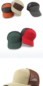 Close-up detail showing breathable mesh texture and visor on various colored trucker hats.