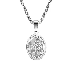 Detailed macro view of silver Saint Christopher stainless steel religious pendant necklace