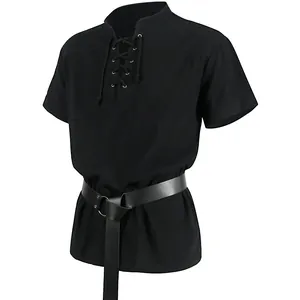 Classic men's medieval Renaissance lace-up short sleeve warrior tunic with black belt