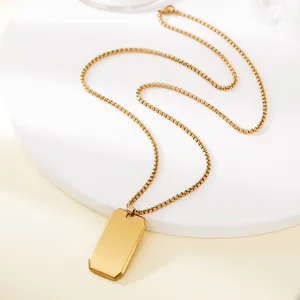 Minimalist polished gold stainless steel dog tag necklace with long box chain for men