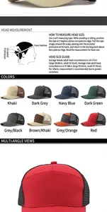 Breathable mesh trucker hat detail with head measurement guide and color options