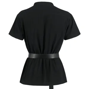 Black medieval renaissance men's gothic short sleeve shirt with belt back view