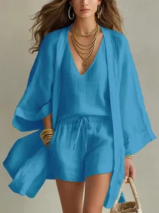 Stylish summer blue linen 3-piece set featuring loose cardigan, tank top, and shorts