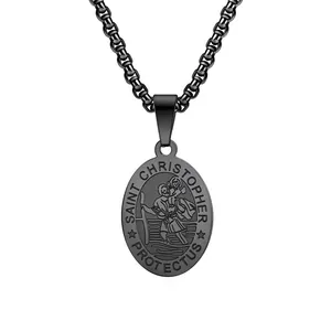 Detailed view of black stainless steel Saint Christopher protect us medal pendant