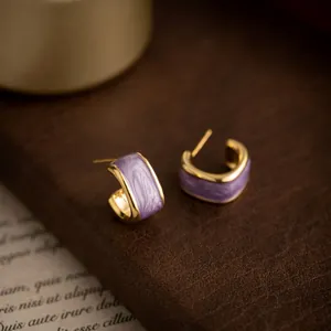 Elegant purple marbled enamel hoop earrings with retro gold plated finish for women
