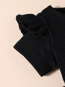 Detail view of high quality black ribbed flutter sleeves on soft cotton summer girl dress