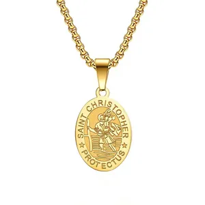 Polished gold Saint Christopher pendant necklace for men in durable stainless steel