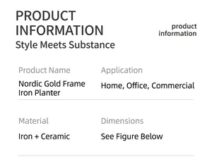 Detailed product specifications for Nordic style ceramic flower pot with gold iron stand