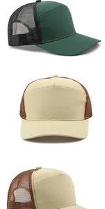 Detailansichten von neutralen Mesh-Trucker-Hüten in Waldgrün und hellem Beige-Ton