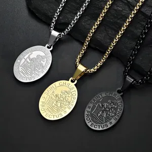 Saint Christopher Protect Us Pendant Necklace Stainless Steel Religious Medallion Jewelry For Men Gold Silver Black