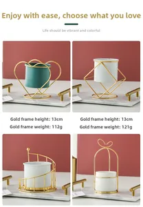 Minimalist Nordic gold iron frame flower pots with white and green ceramic pots