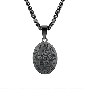 Vintage black stainless steel Saint Christopher protector medal pendant necklace for men