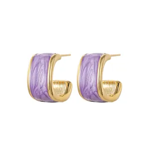 Elegant French vintage gold-toned hoop earrings with purple marbled enamel finish