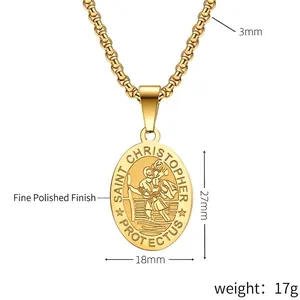 Gold Saint Christopher stainless steel pendant necklace for men with size details