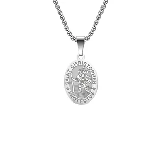 Saint Christopher protector oval pendant necklace in durable stainless steel for men