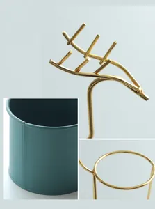 Close-up details of Nordic gold-plated iron flower stand with a dark green pot