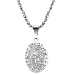 Stainless steel Saint Christopher medal pendant necklace for men on plain white background