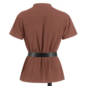 Back view of brown mens medieval renaissance short sleeve shirt with black belt