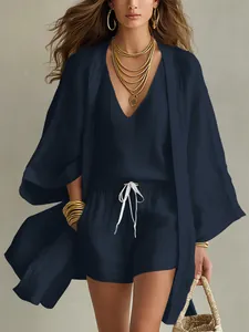 Elegant women's three-piece navy blue cotton linen set with long cardigan and shorts