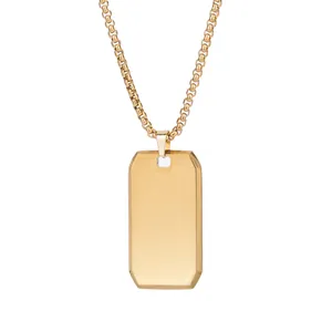 Polished gold-tone stainless steel dog tag pendant necklace for men on white background