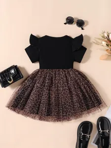 Short sleeve girls leopard mesh dress with chic fashion accessories