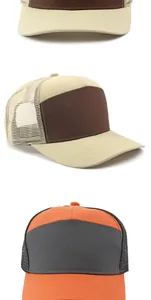Detailansicht minimalistischer Mesh-Trucker-Caps in Braun und Orange im Colorblock-Design