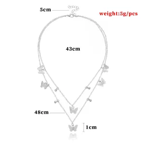 Elegant silver double layered necklace featuring butterfly charms and beads for women