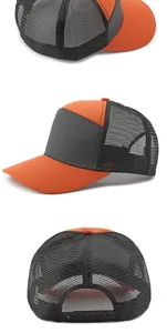 Detaillierte Dreifachansicht einer schlichten orange-schwarzen Mesh-Trucker-Kappe.