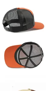 Close-up detail showing the breathable mesh back and interior of the trucker hat.