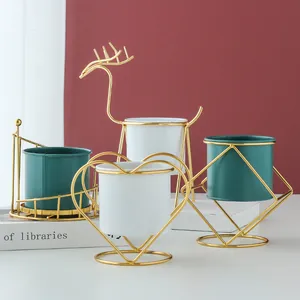 Nordic Minimalist Gilded Iron Reindeer Flower Pot Ceramic Hydroponic Vase Geometric Plant Stand Desktop Decor Home Office Gift