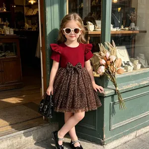 Stylish girls' leopard print mesh dress with red ribbed cotton top and flutter sleeves