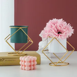 Nordic minimalist ceramic flower pots with gold geometric iron frames for home decor