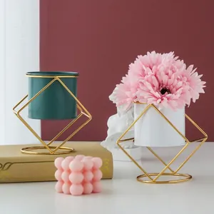 Nordic minimalist ceramic flower pots with gold geometric iron frames for home decor
